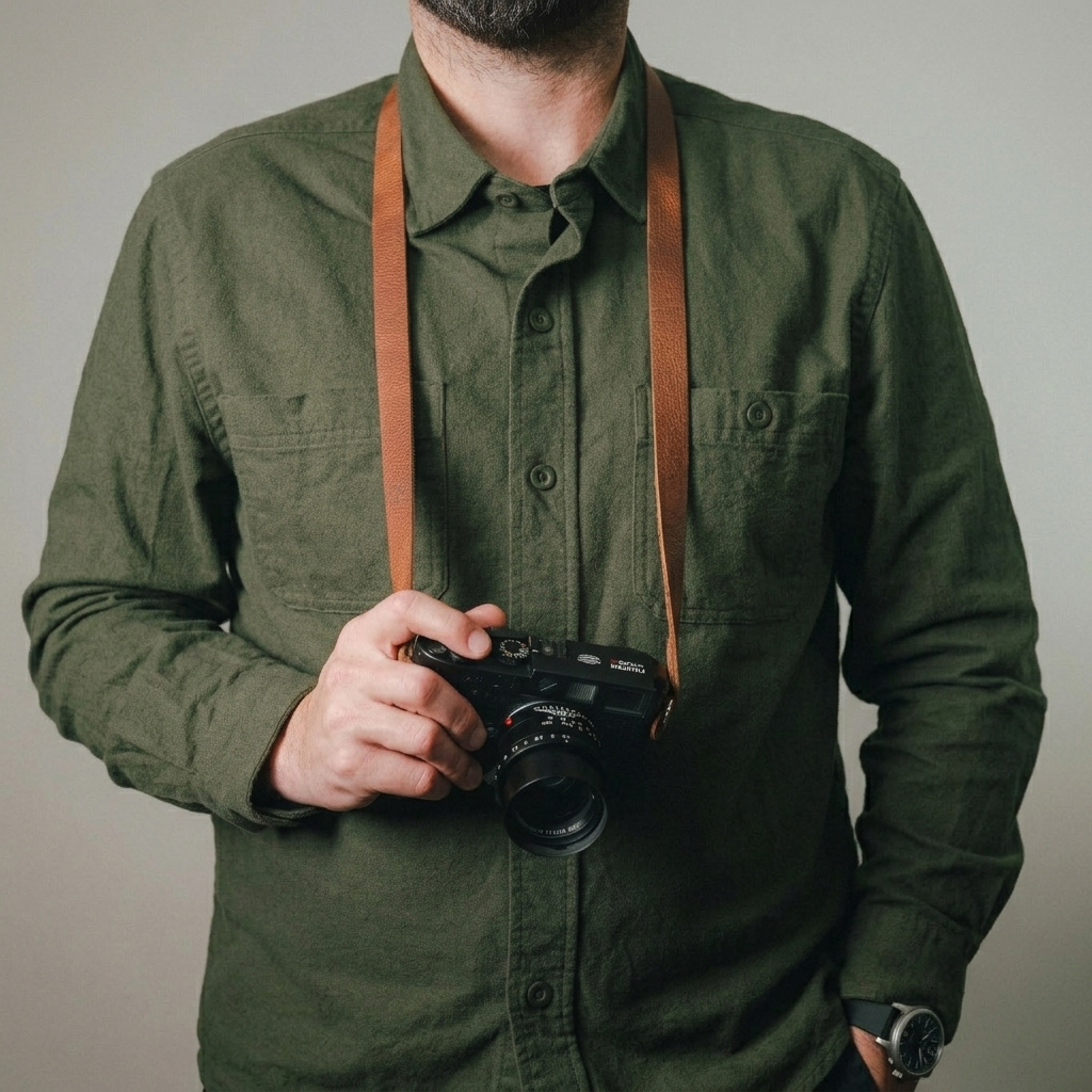 Leather camera strap worn